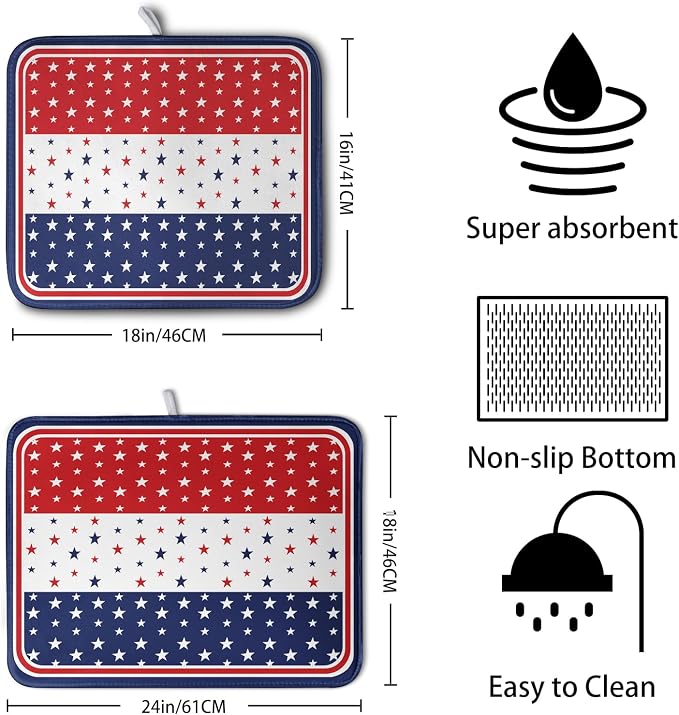 4th of July Dish Drying Mat for Kitchen Counter Patriotic Red White Blue Stars Drying Pad Microfiber Absorbent Dish Draining Mat Microfiber Independence Day Dish Drainer Rack Mats 16x18 Inch