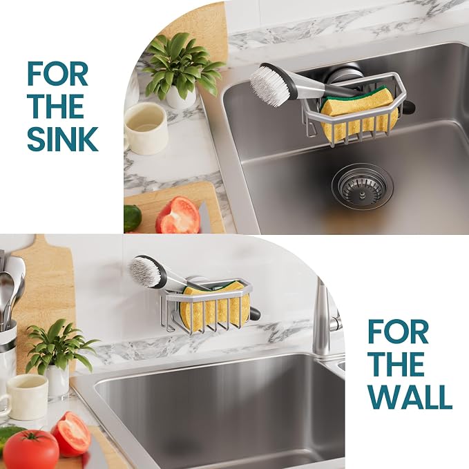 TAILI Sponge Holder for Kitchen Sink with Strong Suction Cup, Rustproof Aluminum Sink Caddy for Sponges, Brushes, Stoppers & Scrapers, Silver