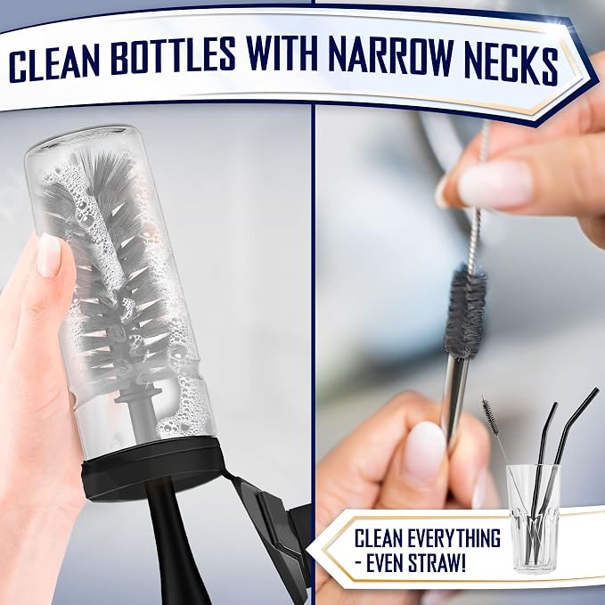 Dish Brush Set of 4 - Kitchen Scrub Brushes with Non-Slip Long Handle for Cleaning, Scrubber, Dishwashing, Dishes, Bottles, Straws, Cups, Pots & Sink, Black