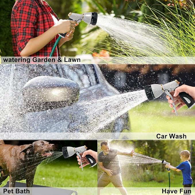 Metal Garden Hose Nozzle Heavy Duty, High Pressure with 8 Patterns | Water Hose Sprayer Nozzle, Non-Slip Grip Hose Sprayer Outdoor for Watering Plants & Lawns, Washing Cars & Pets
