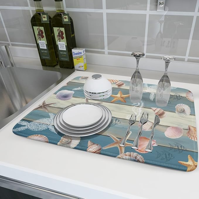 Giwawa Coastal Starfish Dish Drying Mat Summer Sea Turtle Drainer Rack Mat Absorbent Microfiber Kitchen Countertop Protector Dishes Pad 18x24 inch