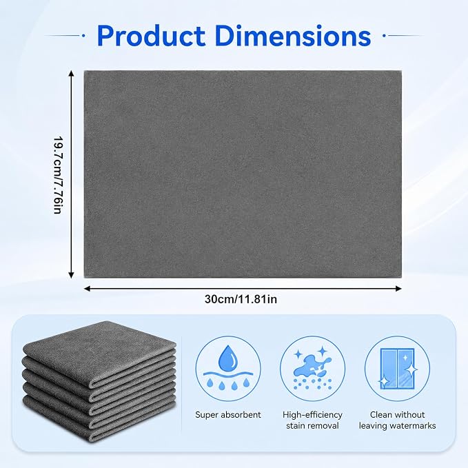 5PCS Magic Cleaning Cloth, Thick Microfiber, Streak‑Free for Windows & Glass, Lint Free Reusable Glass Cleaning Rags, Streak Free Magic Cloth for Car Windshields, Mirrors, Stainless Steel (20x30cm)