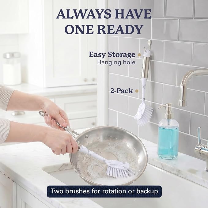 Farberware Dish Brush with Handle, 2 Pack, Firm Bristles | Kitchen scrub brush and dish scrubber removes grease, reaches pot and pan edges, 10in, rectangle head, scraper tip