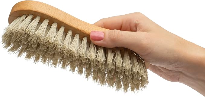 KONEX Medium-Stiffness Nylon Fiber Scrub Brush - Heavy Duty Cleaning Brush, Wooden Handle, Brown, Ideal for Hardwood Floor, Outdoor Surfaces, Carpet