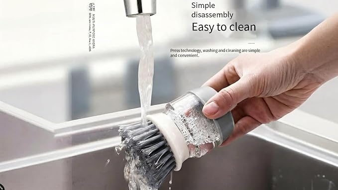 Soap Dispensing Dish Brush with Holder – Leakproof Kitchen Scrubber Brush with Soap Dispenser, Palm Grip Dish Cleaning Brush for Pots, Pans, Sink & Dishes – Gray