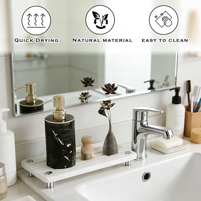 2PCS Instant Dry Sink Caddy for Bathroom Counter, Durable Kitchen Sink Organizer, Diatomite Stone Drying Tray, Upgrade Water Absorbing Stone Tray for Sink, Anti-Slip Stone Soap Tray -White