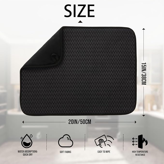 2 Pack Microfiber Dish Drying Mat for Kitchen Counter,Ultra Absorbent Dish Drainer Mat ,Dish Drying Pad , Dish Rack Mat 20×15 Inch (Charcoal Black)