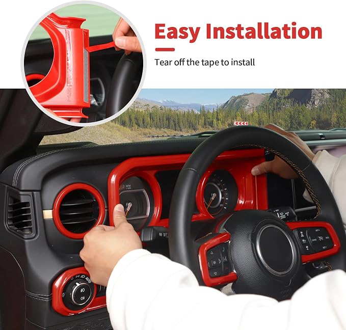 21PCS Full Set Interior Trim Kit for 2024-2026+ Jeep Wrangler JL JLU & Jeep Gladiator JT, Dashboard Side Outlet Door Handle Bowl Headlight Switch Roof Reading Light Cover (Red)
