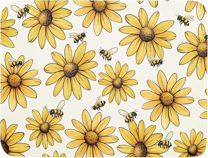 Floral Sunflower Bee Dish Drying Mat of Kitchen Counter 18×24 Inch | Yellow，Polyester，Absorbent Microfiber，for Kitchen Coffee Dining Bar Decor