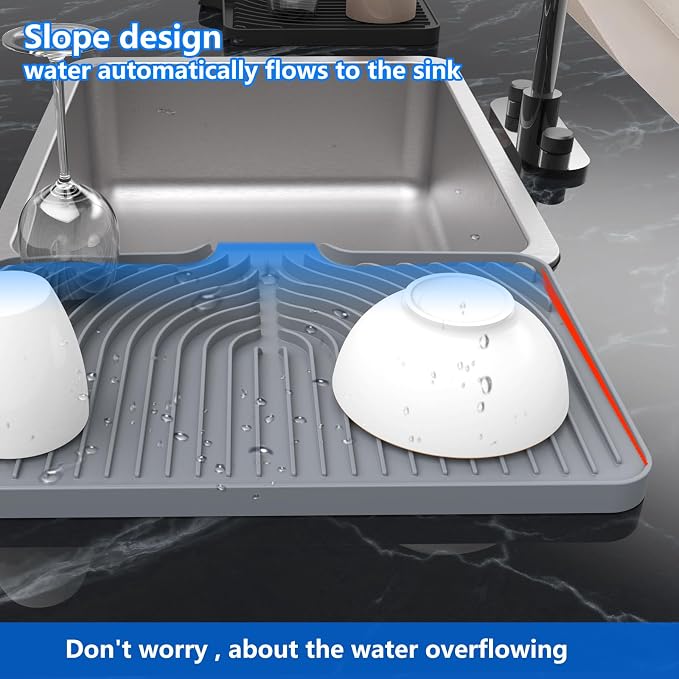 Dish Drying Mat for sink with a bulged edge,18"×12"Silicone Self-Draining | Various sizes and colors,Self-Draining Slope Structure,Enabling faster drying,Heat-Resistant,Easy to clean,Food-grade