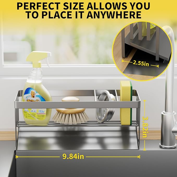 Kitchen Sink Caddy Organzier with Sponge Holder and Removable Drip Tray for Kitchen Sink, 304 Stainless Steel Organize for Sponge Soap Dish Brush Storage Accessories(Grey)
