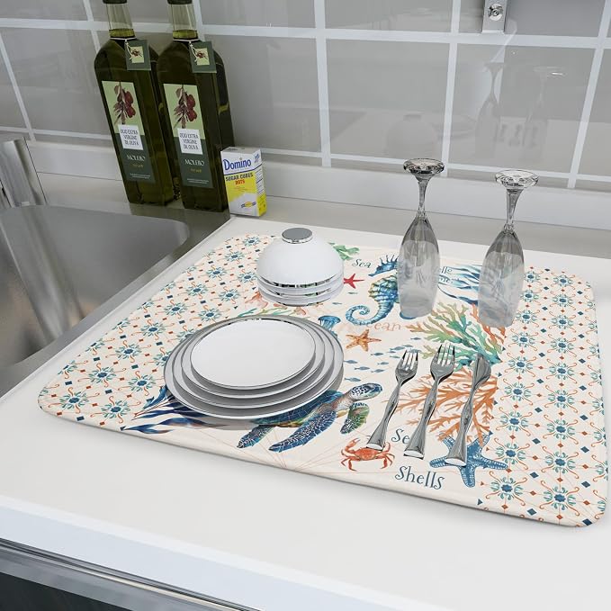 Giwawa Nautical Coastal Dish Drying Mat Sea Turtle Seahorse Dish Drainer Pad 18"x24" Microfiber Reversible Fast Dry Pad for Kitchen Counter Decor