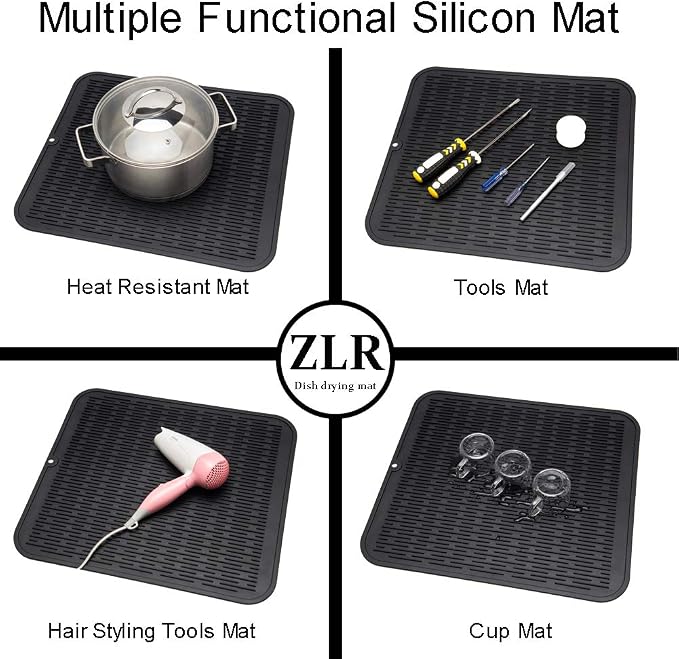 ZLR 2 Pcs Heavy-Duty Silicone Dish Drying Mat (16" x 18" / 401 x 455mm) - XL Family-Size Thick 5mm Drainboard for Pots, Pans & Heavy Cookware - Oversized Trivet & Counter Protector, Non-Slip (Black)