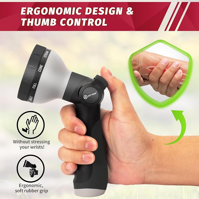 AUTOMAN Garden Hose Nozzle Sprayer - 10 Spray Patterns, 2 Pack Thumb Control Water Hose Nozzle Outdoor, Heavy Duty Spray Nozzles for Watering Garden, Cleaning Window, Washing Car, Showering Pets