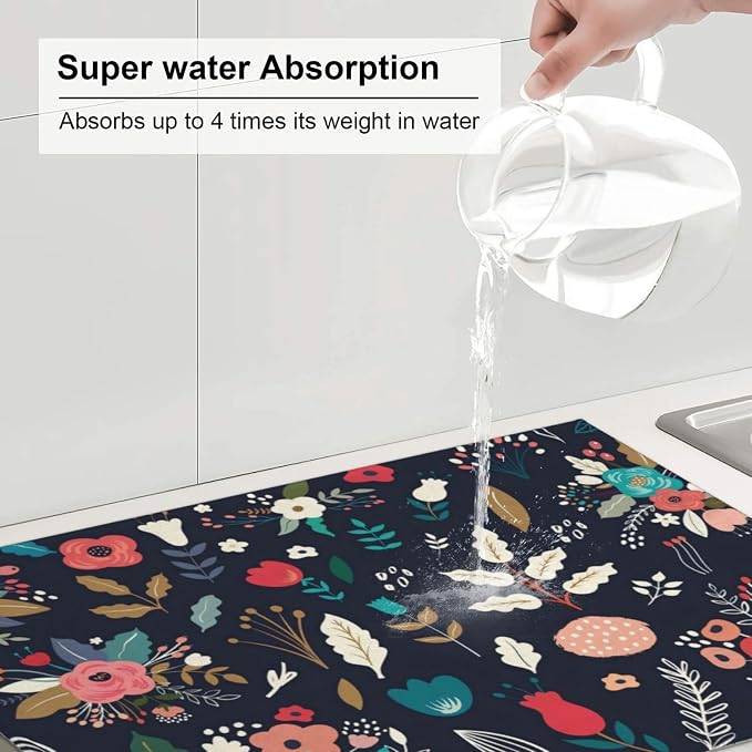 Colorful Flowers Black Dish Drying Mat For Kitchen Counter, Super Absorbent Microfiber Dish Drying Pad, Kitchen Gadgets For Easy Clean Multi-Use Large 18"x24"
