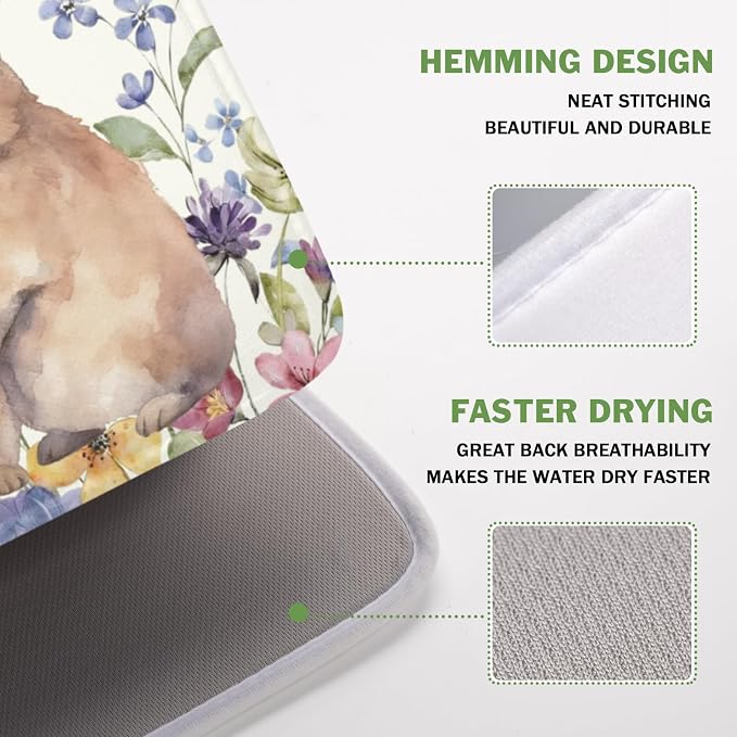 Easter Bunny Dish Drying Mat 16 x 18 Inch Rabbit Dish Drainer Rack Mat Colorful Floral Mat Absorbent Microfiber for Holiday Kitchen Coffee Dining Bar Decor