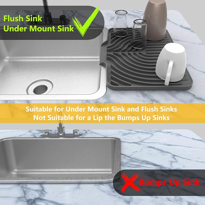 Kitchen Counter Dish Drying Mat, 14.6"x11" Dish Drying Rack(gray) | Various Sizes & Colors,Steep-Slope Built in Drain,High-fin Ventilation,Food-grade Silicone,500F heat resistant,for Flat sinks