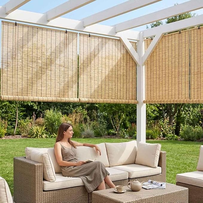 Bamboo Shades for Outdoor Patio, Natural Reed Roller Blinds for Indoor Windows, Retro Cordless Shades 20 22 27 30 36 48 72in Outside Privacy Bamboo Roll Up Shades(Natural Black,26" W x 48" H)