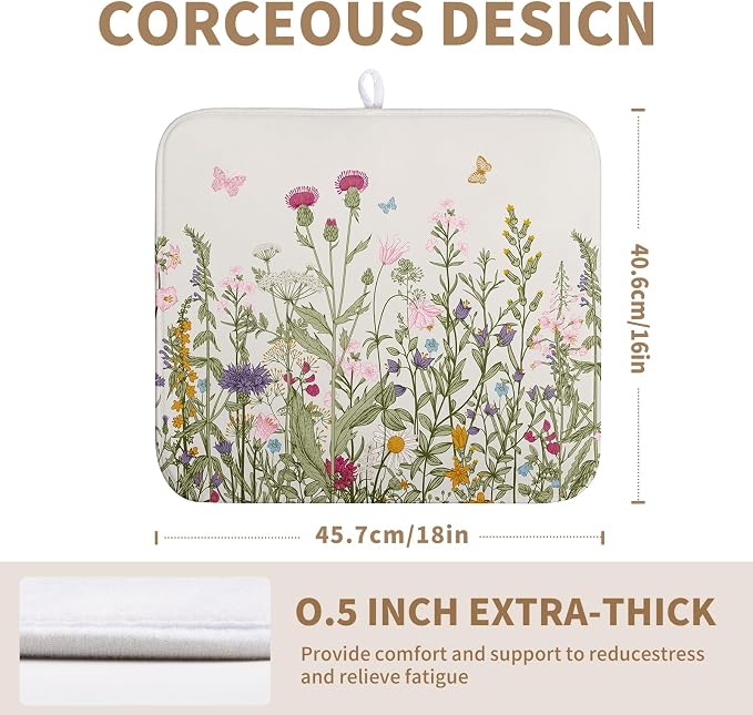 Wildflower Floral Dish Drying Mat for Kitchen Counter Vintage Rustic Flower Drying Mats Spring Summer Herb Plant Absorbent Microfiber Dishes Pad Washable Dish Draining Mat Medium 16"x18"