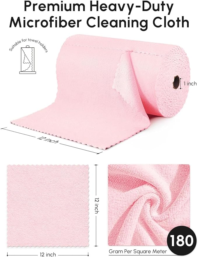 Microfiber Cleaning Cloths Roll, 75 Pack Tear Away Microfiber Towels Roll, 12" x 12" Lint Free Rags, Reusable Cleaning Cloths, Washable, Scratch Free,Ultra Absorbent Dish Rags(Pink)
