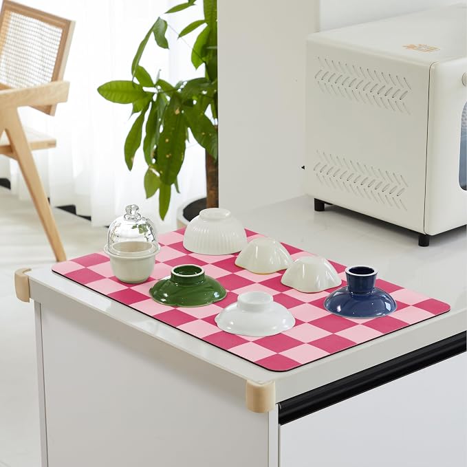 Ohocut Checkered Dish Drying Mat for Kitchen Counter, Coffee Bar Station Accessories, Retro Cute Girly Pink Aesthetic Modern Absorbent Drainer Mat Kitchen Drying Mat Easy Clean, Hot Pink 16" x 24"