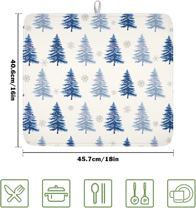 Winter Dish Drying Mat 16 x 18 Inch Blue Tree Dish Drying Pad Absorbent Microfiber Mats for Snowflake Dish Rack Pad for Holiday Kitchen Counter Coffee Bar Decor