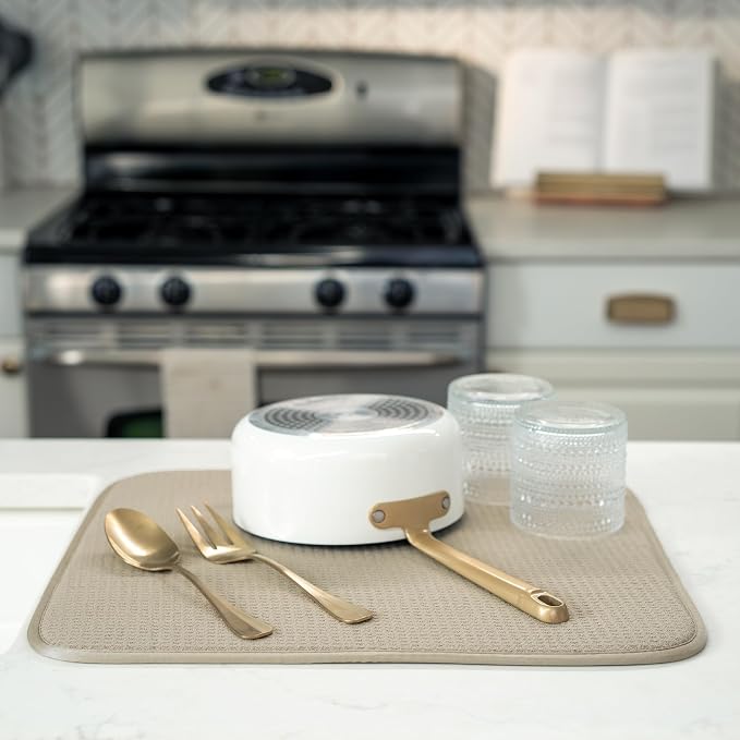 S&T INC. Dish Drying Mat, 16” x 18”, Absorbent Microfiber Kitchen Counter Mat, Dish Drying Pad for Dishes, Utensils, Pots and Pans, Large, Pure Cashmere