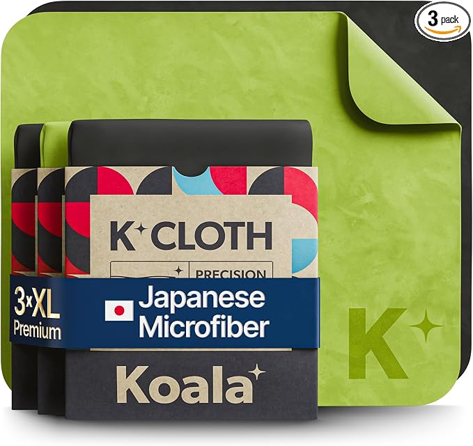 Koala Lens Cleaning Cloth | Japanese Microfiber | Black & Green (Pack of 3) | Glasses Cleaning Cloths | Eyeglass Lens Cleaner | Eyeglasses, Camera, VR/AR Headset, and Screen Cleaner | Washable & Reusable