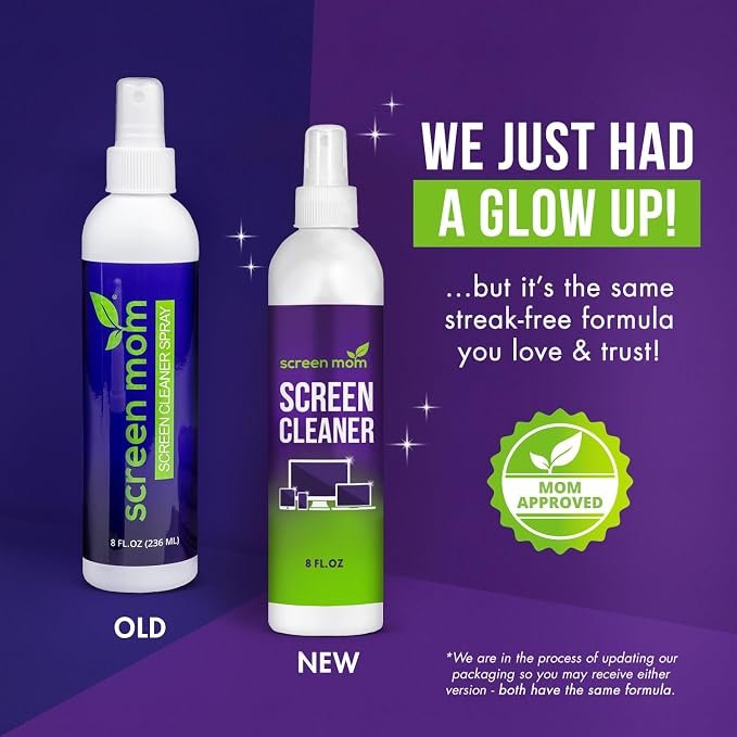 Screen Mom Screen Cleaner Spray 2 Pack-2x8oz for TV, Car, Laptop & Computer | Streak-Free Finish, Glass & OLED Safe, Alcohol-Free Formula, Cleans Phones & Tablets, No Residue, Includes Microfiber Cloths