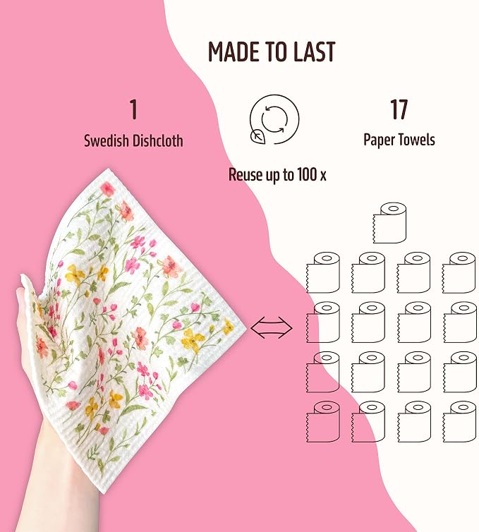 Swedish Dishcloths for Kitchen, 5 Pack Flowers Reusable Paper Towels Washable, Super Absorbent Swedish Dish Cloths, Biodegradable, Non-Scratch, No Odor