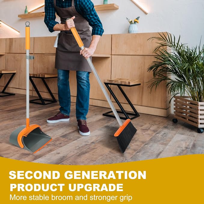 Broom and Dustpan Set with 54 Inch Long Handle - Perfect Dust Pan and Brush Combo for Home Efficient Cleaning (Orange and Grey)