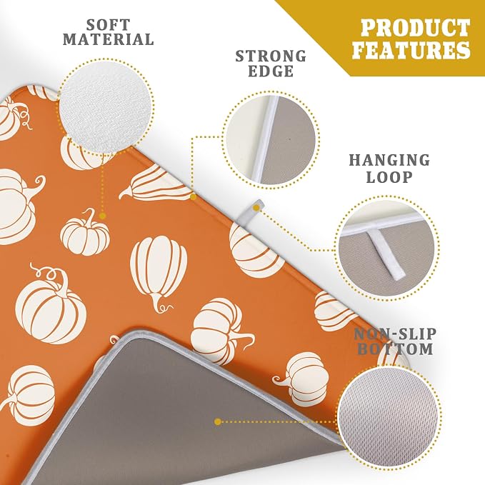 Fall Dish Drying Mat for Kitchen Counter Autumn White Pumpkins Festival Microfiber Absorbent Dish Draining Reusable Washable Foldable Extra Large 18"x24"