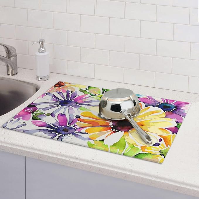 Colorful Flowers Dish Drying Mat For Kitchen Counter, Super Absorbent Microfiber Dish Drying Pad, Kitchen Gadgets For Easy Clean Multi-Use Large 18"x24"