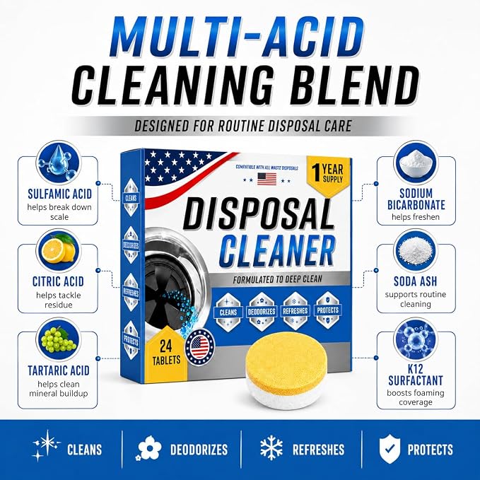Garbage Disposal Cleaner Deodorizer Tablets, XL Citrus Foaming Tablet for Kitchen Sink Residues Freshener, Drain Cleaner & Odor Eliminator, Septic Safe Kitchen Disposal Care, 24 Pack for 1 Year Supply