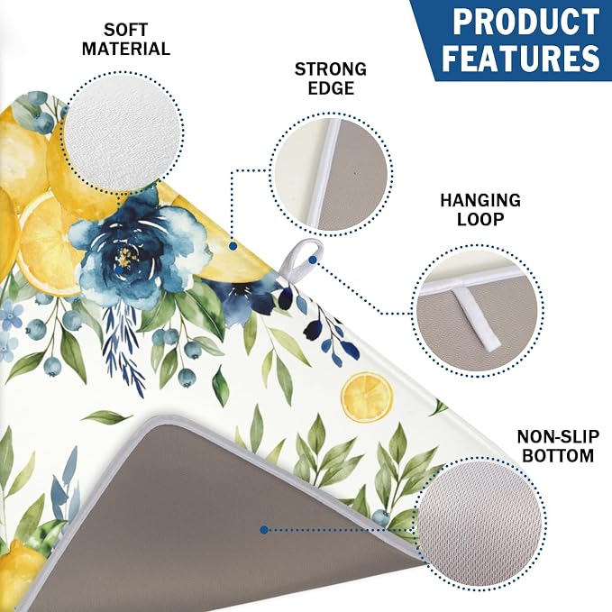 Blue Floral Camellia Lemon Dish Drying Mat 18x24 Inch | Polyester，Absorbent Microfiber，for Kitchen Coffee Dining Bar Decor