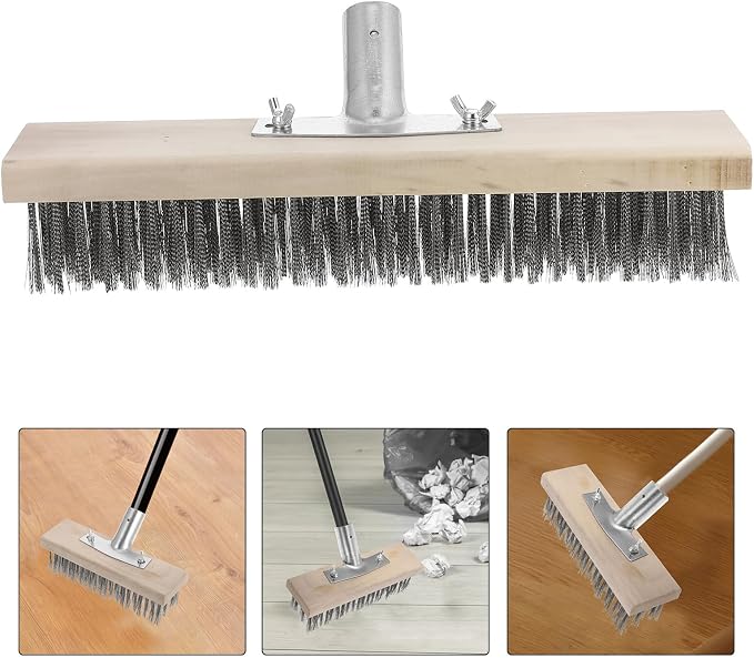 Heavy Duty Outdoor Scrub Brush with Stainless Steel Wire Bristles, 30cm Floor Scrubber Brush with Long Wooden Handle for Moss Removal and Hard Surface Cleaning on Patio, Garage,