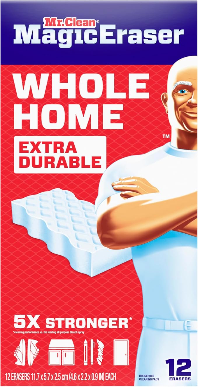 Mr. Clean Magic Eraser Sponge, All Purpose Cleaner, Cleaning Scrubber, Wall, Sneaker, Kitchen, Bathroom, Shower Cleaning Supplies, Melamine Sponge, Cleaning Pads, Whole Home Extra Durable, 12ct
