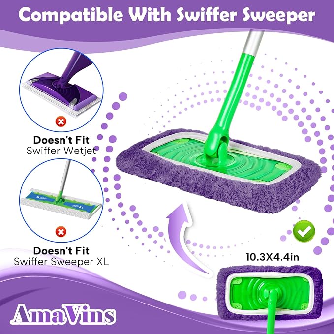 AmaVins 5 Pack Reusable Microfiber Mop Pads Compatible with Swiffer Sweeper Mop, Wet and Dry Flat mop Cover, Washable Mop Pads for Surface/Hardwood Floor Cleaning (Mop is Not Included)