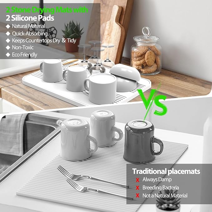 2 PCS Stone Dish Drying Mat ＆ Silicone Mat for Kitchen Counter – Diatomaceous Earth Bath Mat for Bathroom, 16.14"L×12.4"W×2 Quick Dry Mats for Dishes ,Bottles, Cups, Match Any Countertop(White)