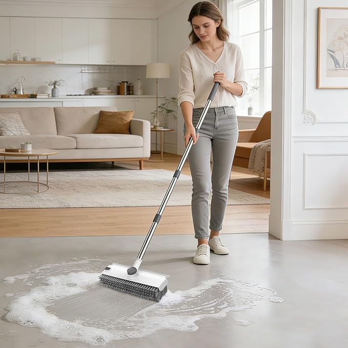 SetSail Floor Scrub Brush with 54in Adjustable Long Handle, Grey&White | 3 in 1 Floor Scrub Brush with Scraper and Stiff Bristle, Heavy Duty Floor Scrubber for Shower Bathroom Kitchen Patio Garage