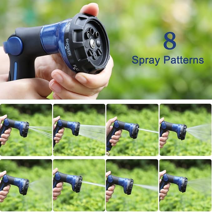 FANHAO Heavy Duty Garden Hose Nozzle, Metal Hose Sprayer Easy Thumb Control | 8 Spray Patterns, Rustproof Water Nozzle, Non-Slip Ergonomic Grip, Elder & Child Friendly for Garden, Car & Pet, Blue