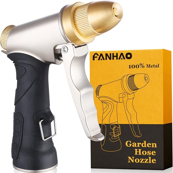 FANHAO Metal Water Hose Nozzle Heavy Duty, High Pressure, Leak Proof | Rustproof Zinc Alloy Full Brass Nozzle, Ergonomic Non-Slip Grip, Lockable Trigger, 4 Spray Patterns for Plant, Car & Pet