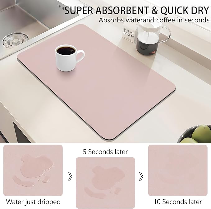 Coffee Bar Mat for Countertop, 16“ x 24” Super Absorbent Dish Drying Mat, Kitchen Counter Mat Fits Under Coffee Maker or Machine, Pink Kitchen Decor and Accessories for Dish Drying Rack