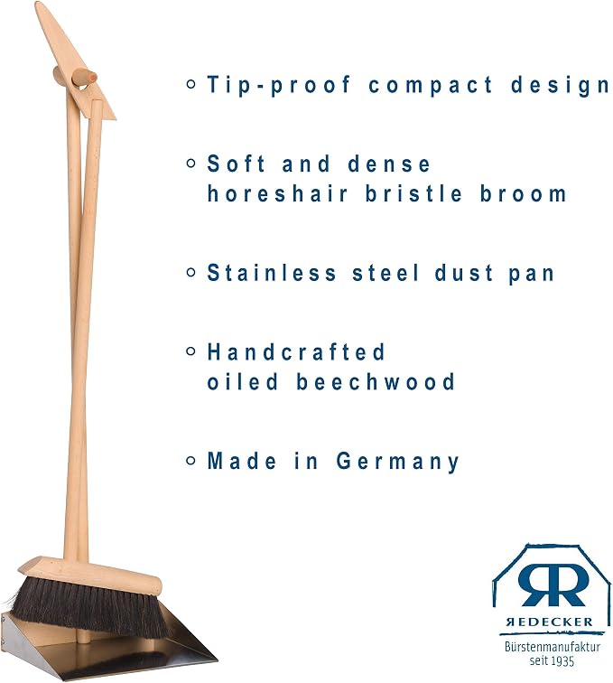 REDECKER Horsehair Broom & Stainless Steel Dust Pan Set - Oiled Beechwood Handles, 35-3/8 Inch - Broom & Dustpan Combo for Home, Kitchen, Outdoor Use - Wooden Broom and Dustpan Set, Made in Germany