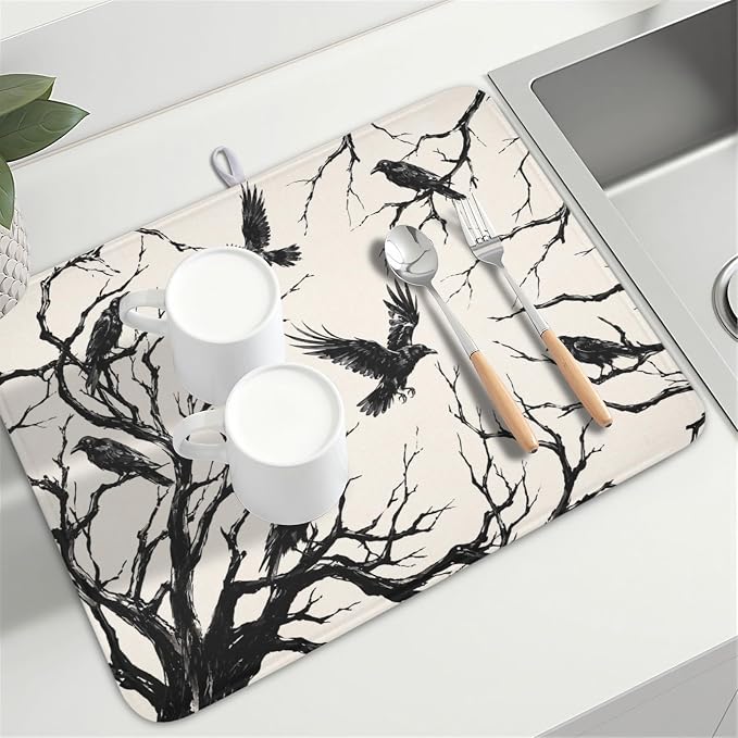 Halloween Crows Dish Drying Mat for Kitchen Counter Vintage Spooky Black Tree Branches Raven Pattern Microfiber Dish Drainer Mat Rustic Absorbent Washable Drying Pad 18"x24"