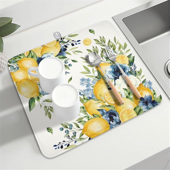 Blue Floral Camellia Lemon Dish Drying Mat 16x18 Inch | Polyester，Absorbent Microfiber，for Kitchen Coffee Dining Bar Decor