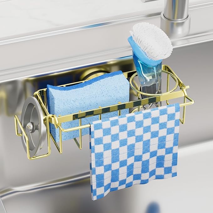 TAILI 4-in-1 Sink Caddy with Strong Suction Cup, Sponge Holder for Kitchen Sink Organizer, Removable, Rustproof, Stainless Steel Holder for Sponge, Brush, Scrubber, Scraper - Gold