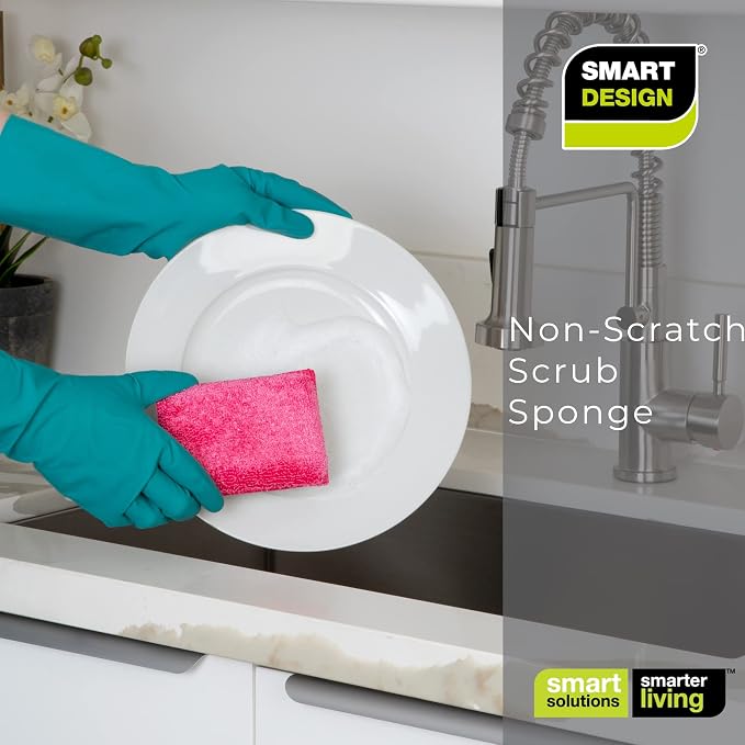 Smart Design Non Scratch Scrub Sponge with Bamboo Odorless Rayon Fiber - Set of 9 - Ultra Absorbent - Soft and Scrubber Side - Cleaning, Dishes, and Hard Stains - Vibrant - Yellow, Green, Pink