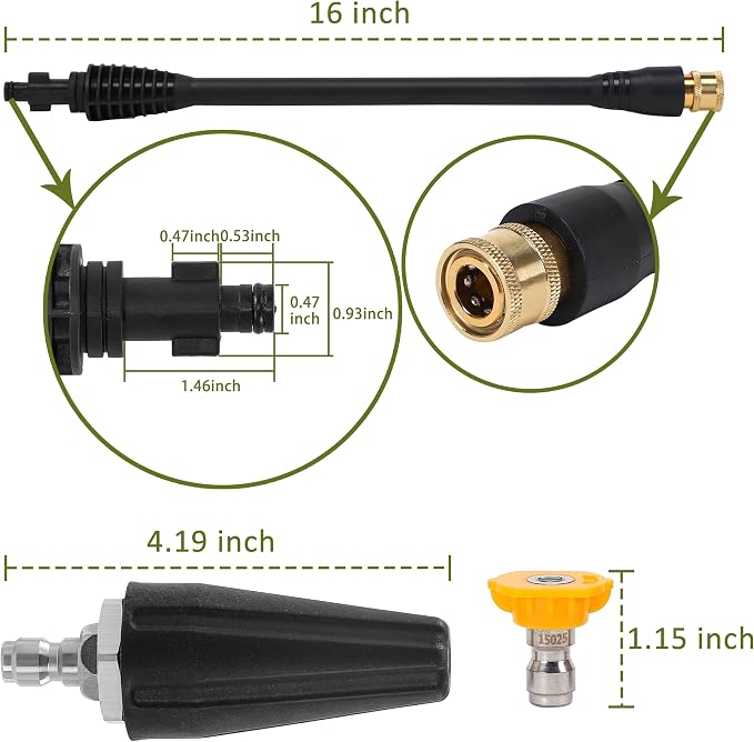 PWACCS Pressure Washer Accessories Kit, 16" Power Washer Replacement Wand | 5 Spray Tips and Turbo Nozzle, Compatible with Ryobi, Portland, Husky, Black