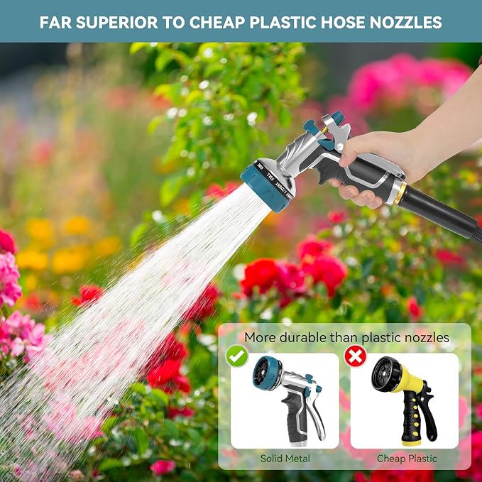 Garden Hose Nozzle, Heavy Duty Metal Water Hose Nozzle with 8 Adjustable Spray Patterns, High Pressure Hand Sprayer with Flow Control for for Garden Watering, Car & Pet Washing